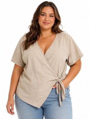 Vintage Neutral Beige Linen Cotton Blend Wrap Shirt Sleeve Top